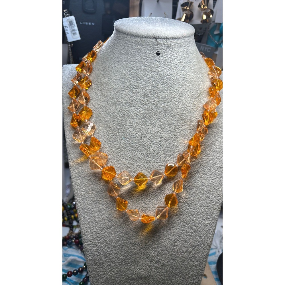 #20. Vintage Multi-Strand Orange Faceted Bead Necklace Stamp Hong Kong 1960s Mod